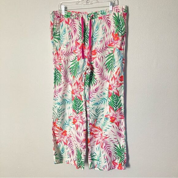 Marks and Spencer Pants Women Large 100% Linen Tropical Floral Print Wide Leg‎ - Picture 1 of 9